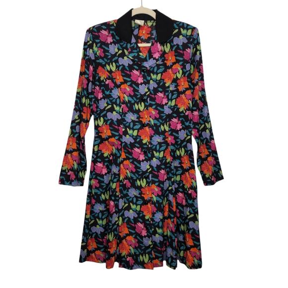 Vintage Dresses & Skirts - Vintage 70s Floral Fit Flare Midi Dress Button Shoulder Pads Groovy Hippie